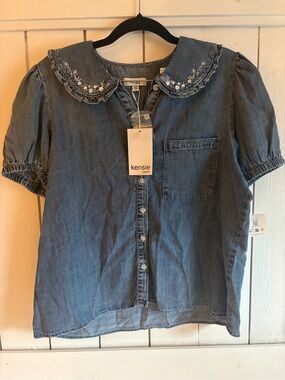Kensie Blue Chambray Button-Up Top with Embroidered Collar
